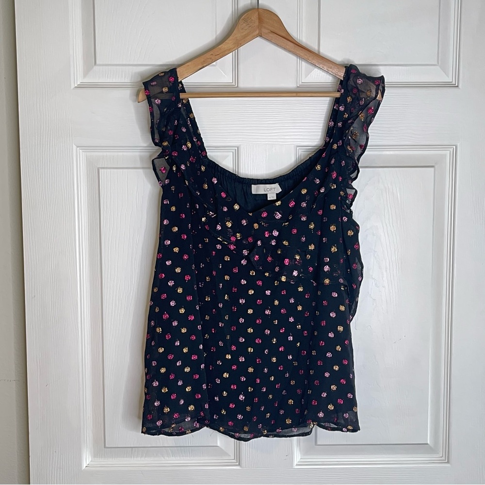 LOFT Black Floral Ruffle Sleeve Blouse